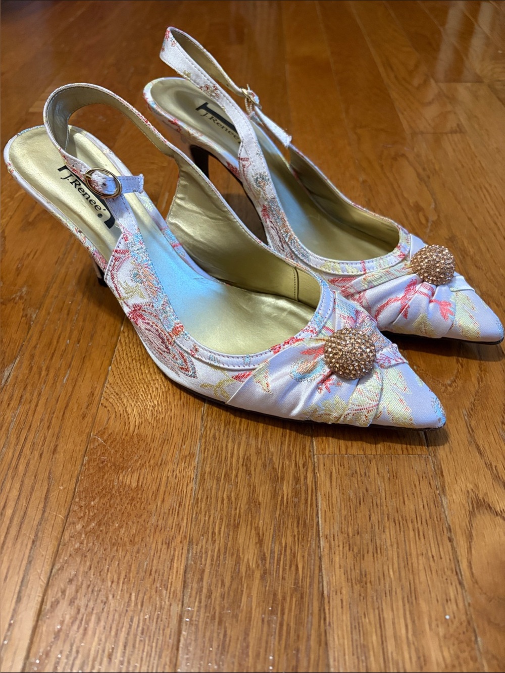J.Renee Floral Pink Slingback Heels with Crystal Button